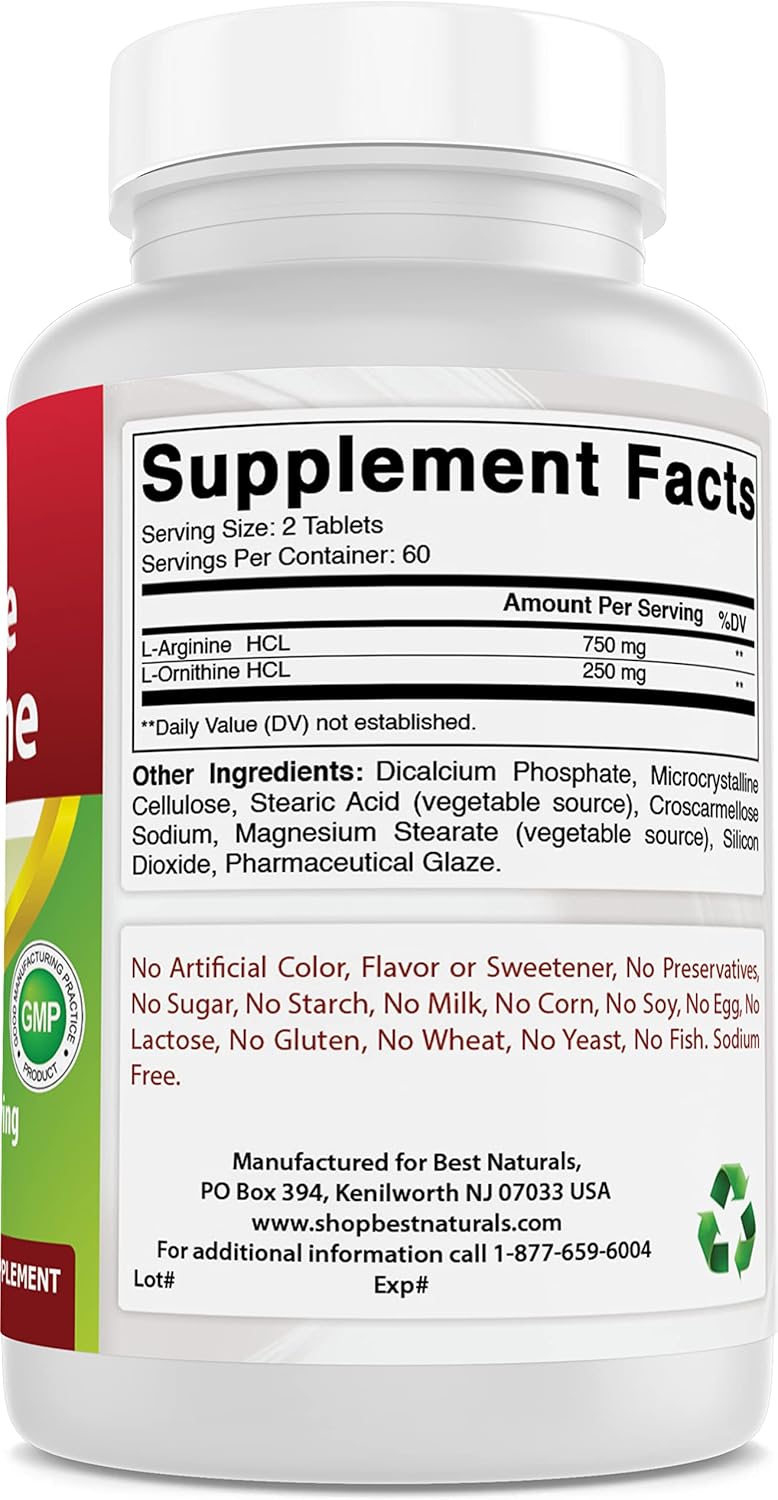 Best Naturals L-Arginine L-Ornithine - 1000mg per Serving - 120 Tablets - Non-GMO & Gluten Free (120 Count (Pack of 1))