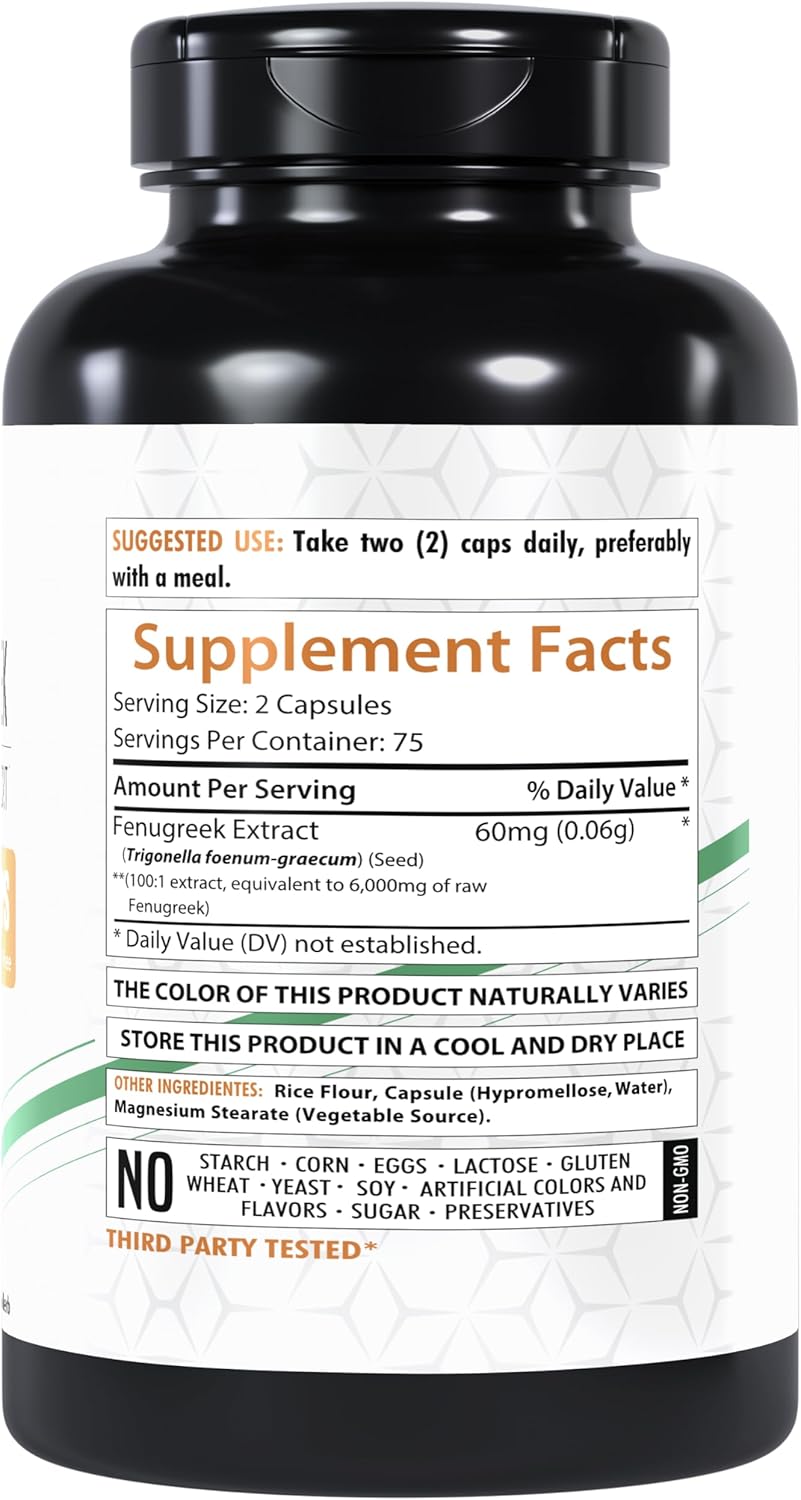 Fenugreek Supplement Capsules, 6000mg | 150 Veg Capsules | 100x Concentrated | Gluten-Free | Non-GMO | Made in USA