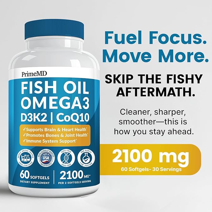 4-in-1 Fish Oil Omega 3 Fatty Supplements (2100mg) - Omega 3 Fish Oil with Vitamins D3 K2 and CoQ10 - Lemon Flavored (60 softgels)