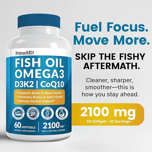 4-in-1 Fish Oil Omega 3 Fatty Supplements (2100mg) - Omega 3 Fish Oil with Vitamins D3 K2 and CoQ10 - Lemon Flavored (60 softgels)