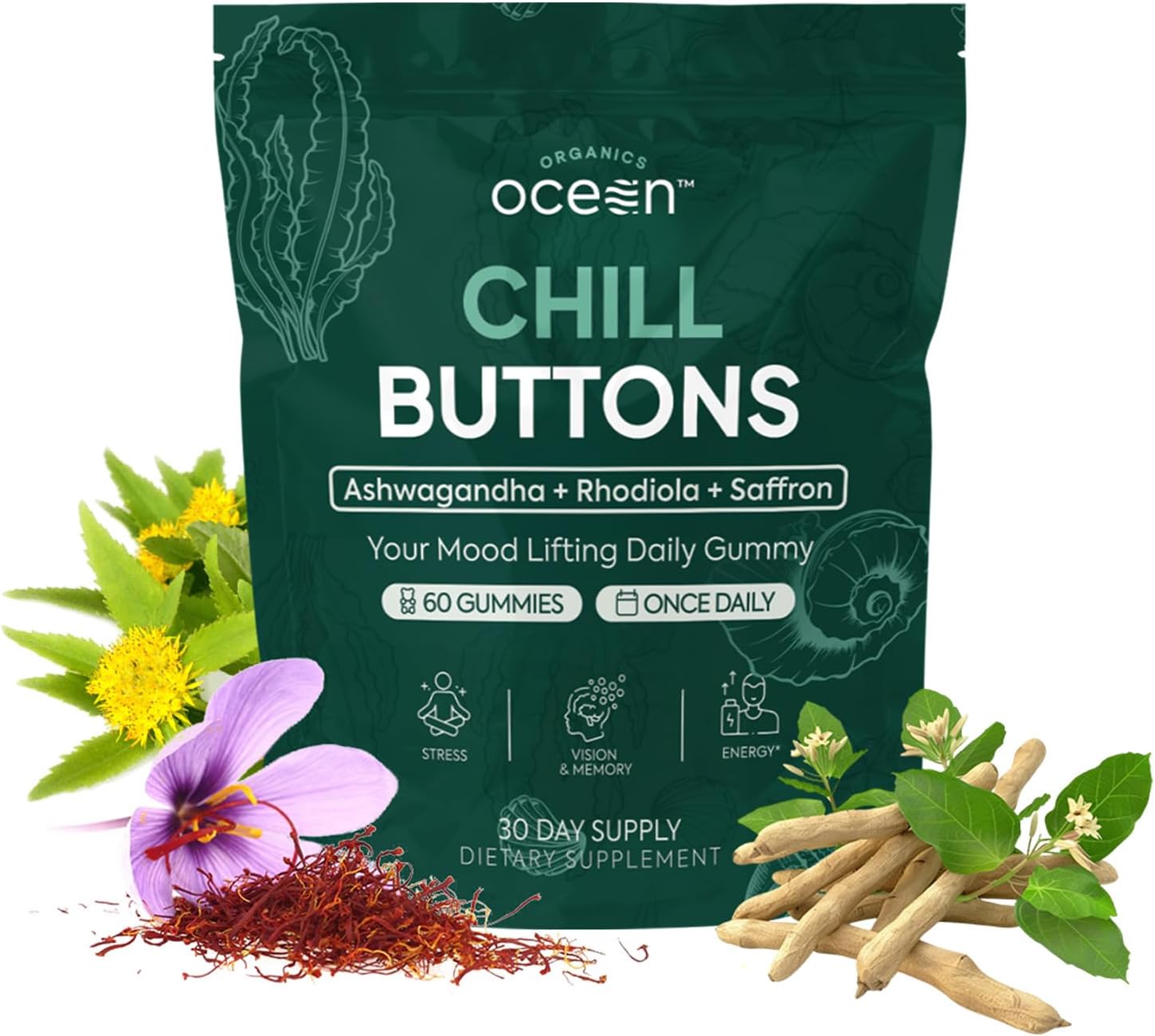 Organics Ocean Chill Buttons - Organic Ashwagandha Reduces Tension, Enhances Memory and Vision, and Brightens Mood - Contains Ashwagandha KSM-66, Rhodiola Rosea, and Organic Saffron