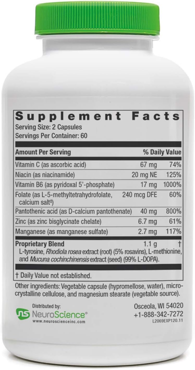NeuroScience ExcitaPlus - Extra Strength L-Tyrosine & Rhodiola Supplement for Energy and Adrenal Health Support - Helps Reduce Tiredness and Fatigue (120 Capsules / 2 Month Supply)