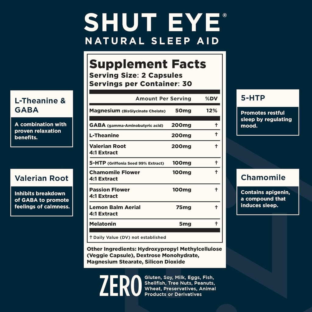 Shut Eye Natural Sleep Aid Supplement for Adults | 5mg Melatonin | Helps Relax and Promote Natural Deep Sleep with Valerian Root, Chamomile & Magnesium | Vegan & Non-GMO | 60 Capsules