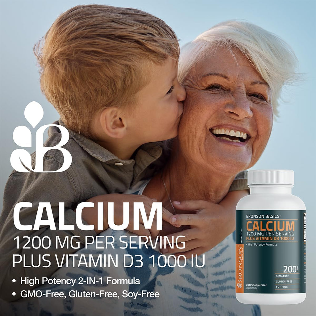 Bronson Calcium 1200mg Per Serving Plus Vitamin D3 1000 IU High Potency Formula, Non-GMO, 200 Tablets