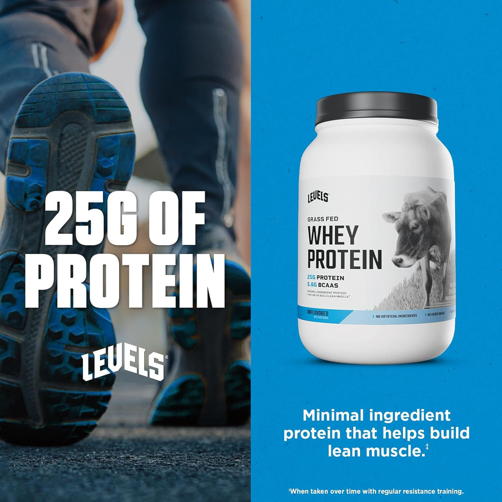 Levels Grass Fed Whey Protein Powder, No Artificials, 25G of Protein, Unflavored, 2LB
