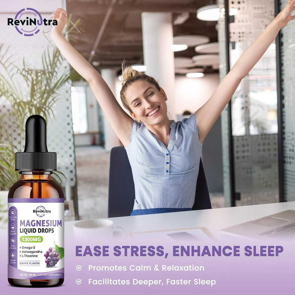 Triple Magnesium Complex Liquid Drops - 1300mg Magnesium Glycinate, Taurate & Citrate with Omega3, L-Theanine, Ashwagandha, Potassium - Support Sleep, Nerve, Immune, Energy - Grape Flavor, 2 Fl OZ