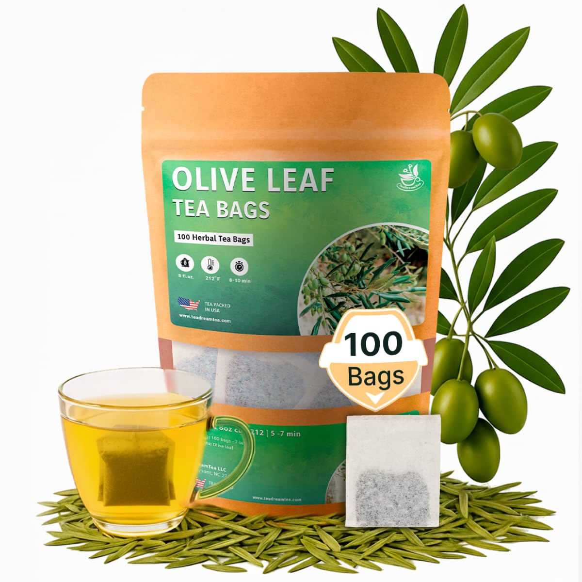 Olive Leaf Tea Bags – 100 Bags (Premium Dried Olive Leaf Tea - 100 Count), Natural Extract Caffeine-Free Herbal Tea for Health & Immune Support