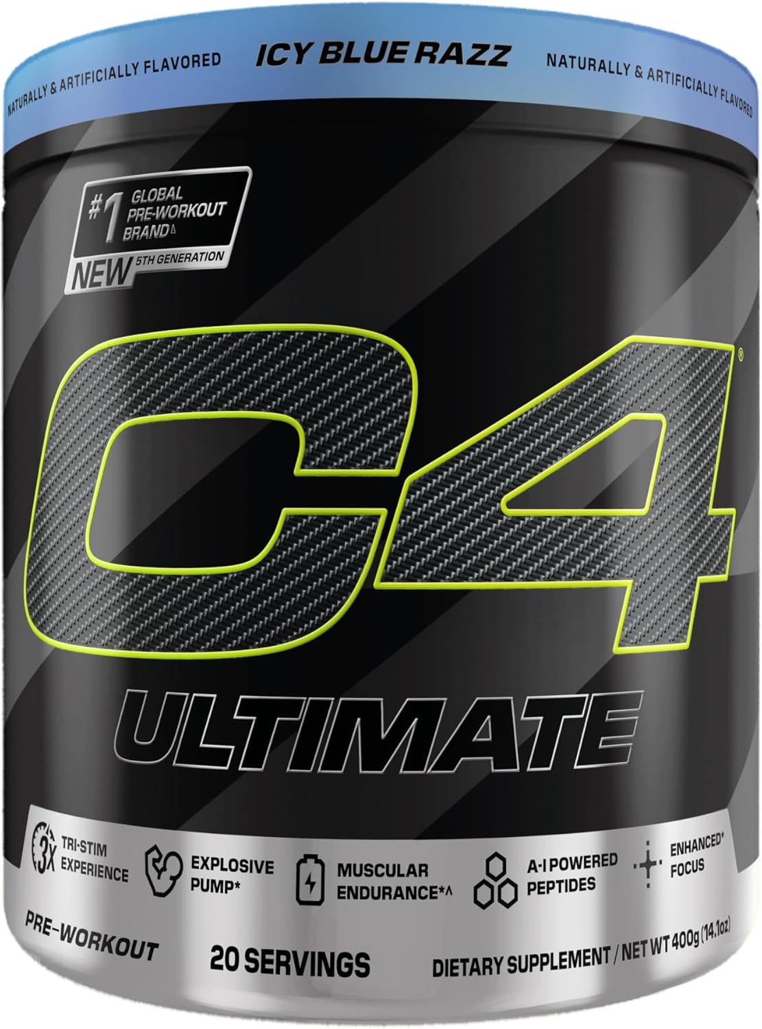 Cellucor C4 Ultimate Pre Workout Powder - Sugar Free Preworkout Energy Supplement for Men & Women - 300mg Caffeine + TeaCrine + Dynamine + Creatine - ICY Blue Razz, 20 Servings