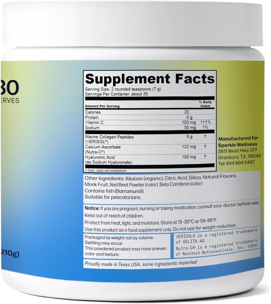 Sparkle Wellness Marine-derived VERISOL Bioactive Hydrolyzed Collagen Peptides | Collagen Powder Supplement with Vitamin C & Hyaluronic Acid | Marine Skin Boost Plus (Peach) [30-Serves]