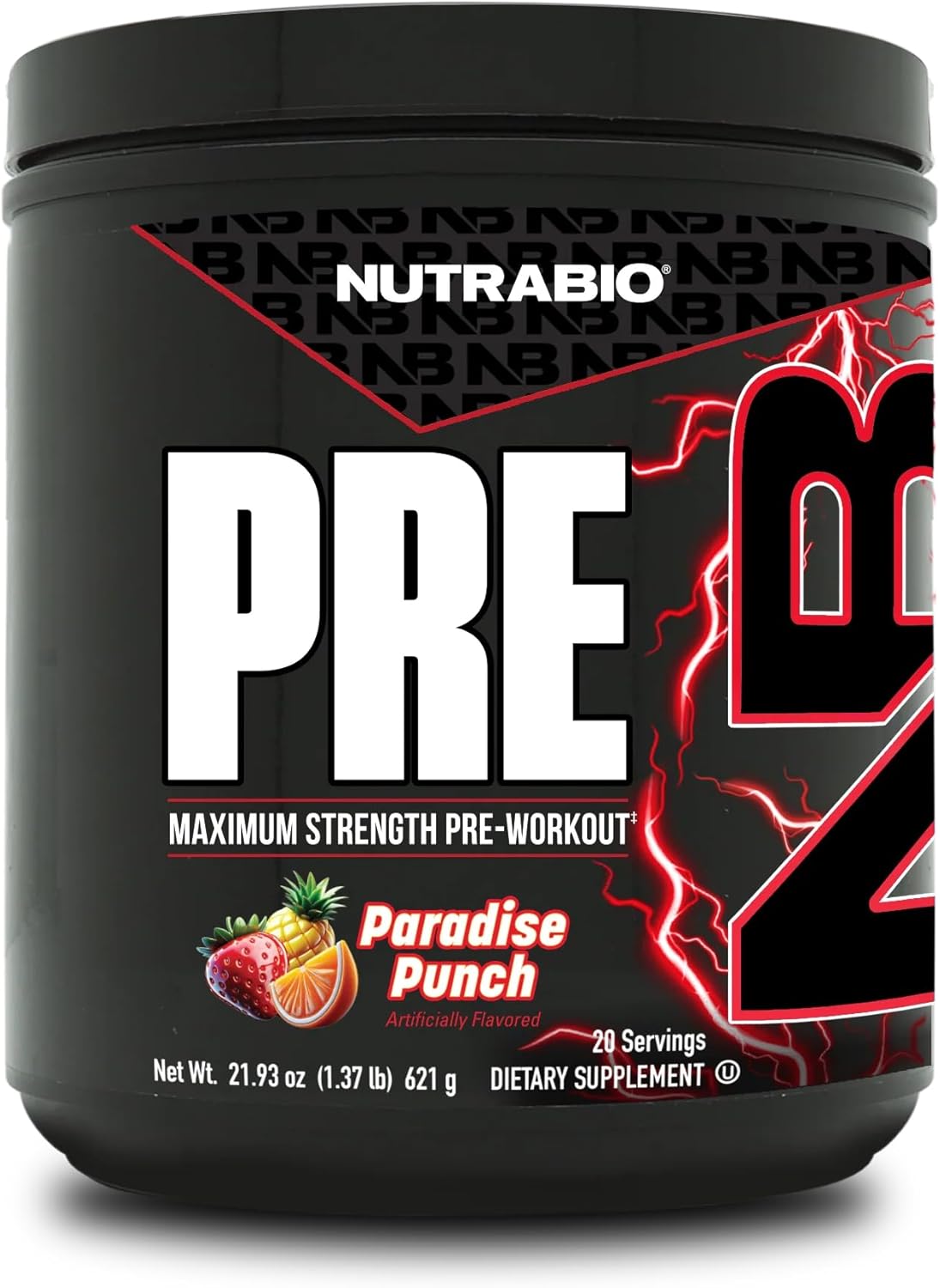 NutraBio PRE Workout Powder - New Formula- Sustained Energy, Mental Focus, Endurance - Beta Alanine, Caffeine, Electrolytes - 20 Servings - Paradise Punch