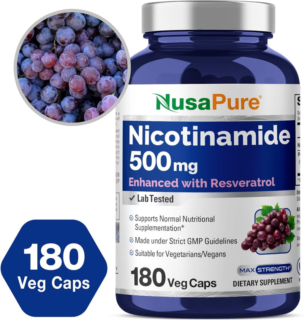 NusaPure Nicotinamide with Resveratrol (Vitamin B-3) 500 mg - 180 Vegetarian Caps (Non-GMO & Vegan)