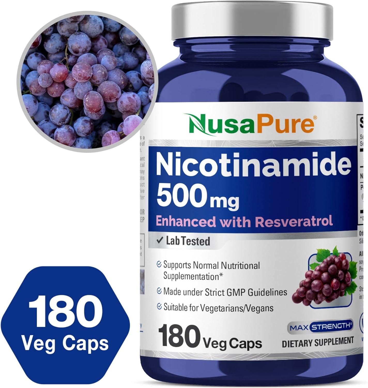 NusaPure Nicotinamide with Resveratrol (Vitamin B-3) 500 mg - 180 Vegetarian Caps (Non-GMO & Vegan)