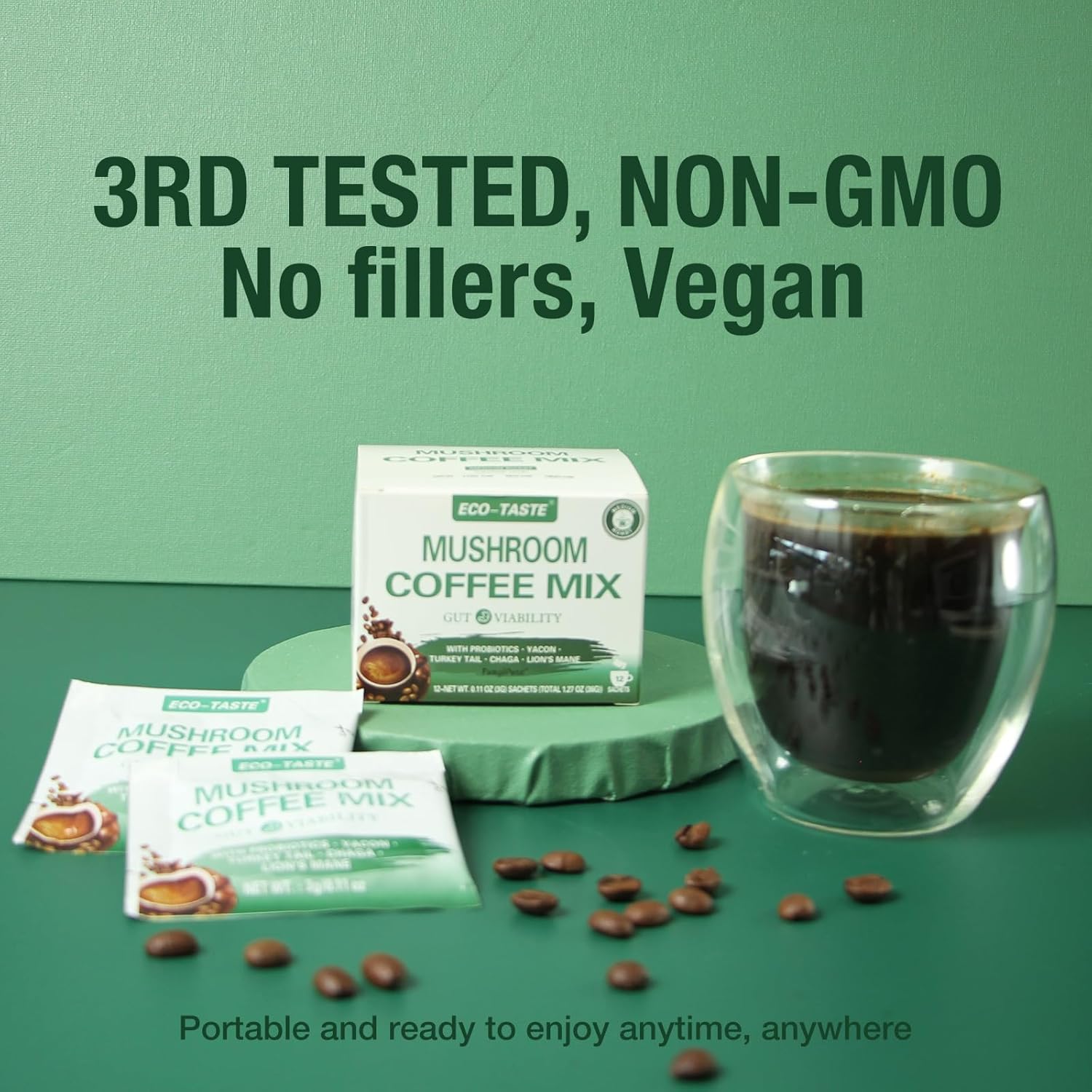 ECO-TASTE Mushroom Coffee Mix, Designed for Gut-Health with Chaga, Lion's Mane, Turkey Tail, Yacon and Probiotics – 12 Sachets