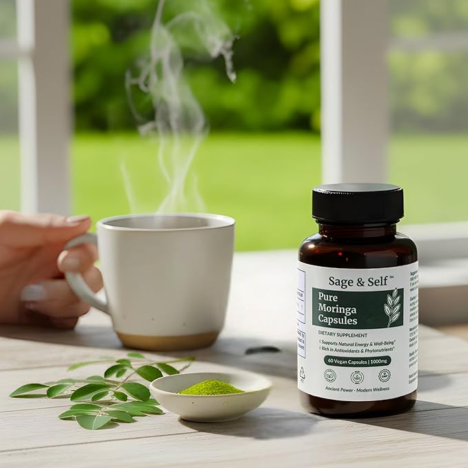 Sage & Self Pure Moringa Capsules – Moringa Leaf Powder for Natural Energy & Daily Wellness – Vegan Herbal Supplement (60 Capsules)