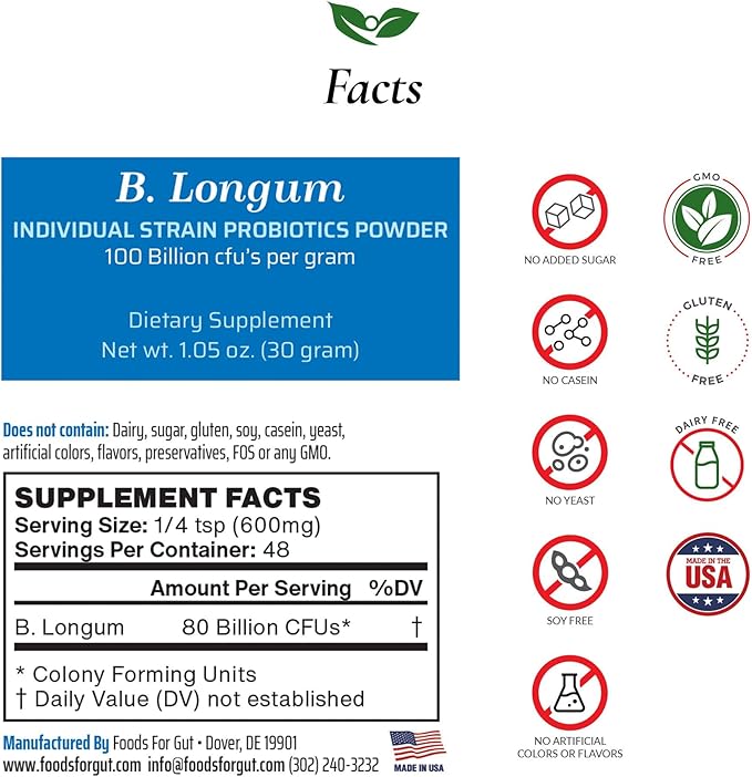 Bifidobacterium Longum Probiotic Powder 100 Billion cfu's | Made in USA | No Additives | Direct from Manufacturer | No Third-Party Storage | Immune Support | B. Longum | 30 Grams (1.05 Oz)