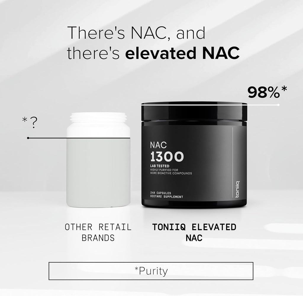 Toniiq 1300mg NAC - 4 Month Supply - Min. 98%+ Tested Purity - Ultra High Strength Bioavailable NAC Cysteine Supplement - 240 Vegetarian N Acetyl Cysteine Capsules -Lab Tested TQ
