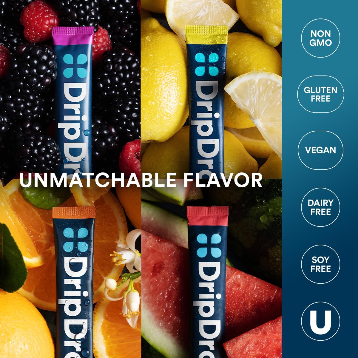 DripDrop Hydration Packets - Bold Variety Pack - Single Serve Electrolytes Powder Drink Mix - Watermelon, Berry, Lemon, Orange - Non-GMO, Gluten Free, Vegan - 16 Sticks