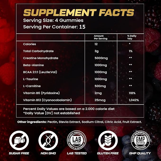 Creatine Monohydrate Gummies for Men & Women, 9000MG Creatine Gummies Sugar Free - Mixed Flavored with L-Taurine, BCAA 2:1, B12 B6 for Boost Strength, Focus & Endurance, Vegan, Non-GMO, 60pcs