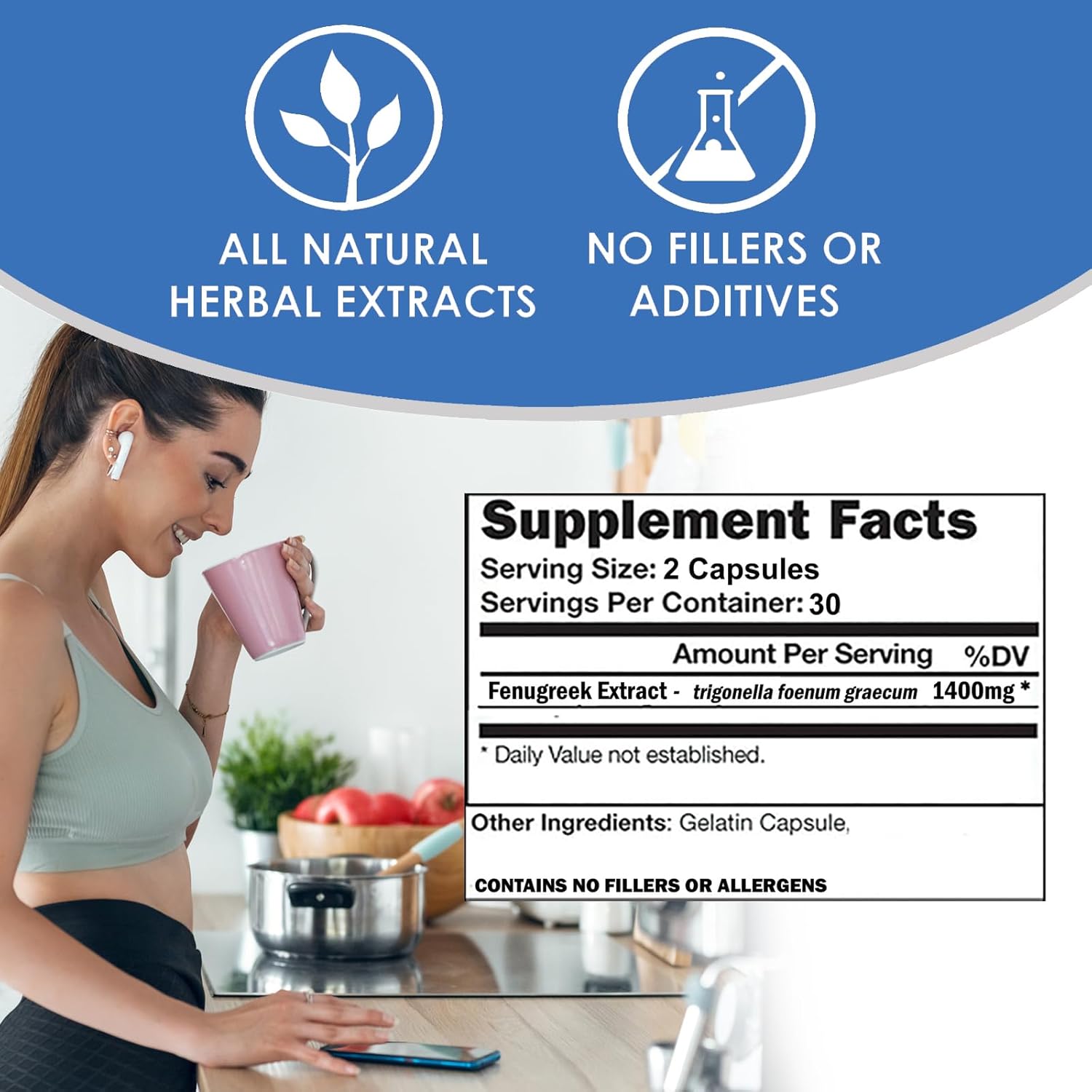 VH Nutrition Fenugreek+ | 1400mg Extra Strength Fenugreek Capsules | Hormonal Balance and Energy Support Supplement for Men & Women | 60 Gluten-Free Capsules