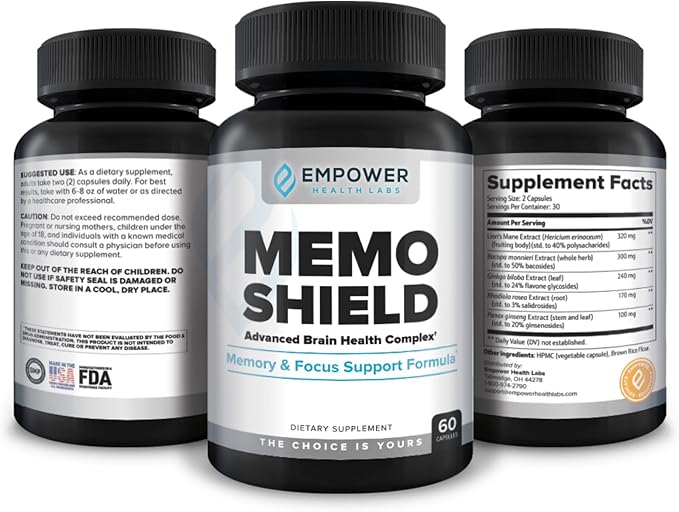 MemoShield Brain Health Supplement – Advanced Memory Support with Lion's Mane, Bacopa Monnieri, and Ginkgo Biloba – Cognitive Function and Brain Health Formula – 60 Capsules
