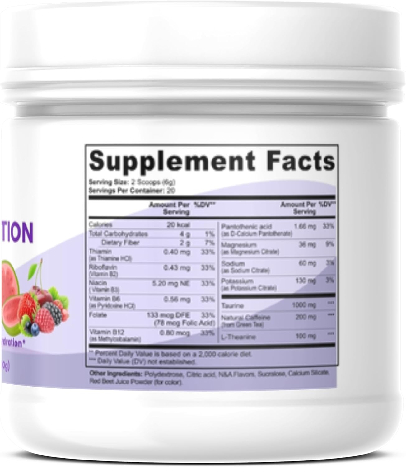 Natural Energy Drink Powder – Guava Berry Flavor – Electrolytes + Natural Caffeine Powder from Green Tea – No Sugar, Vegan, Keto-Friendly, 20 Servings (120 g)