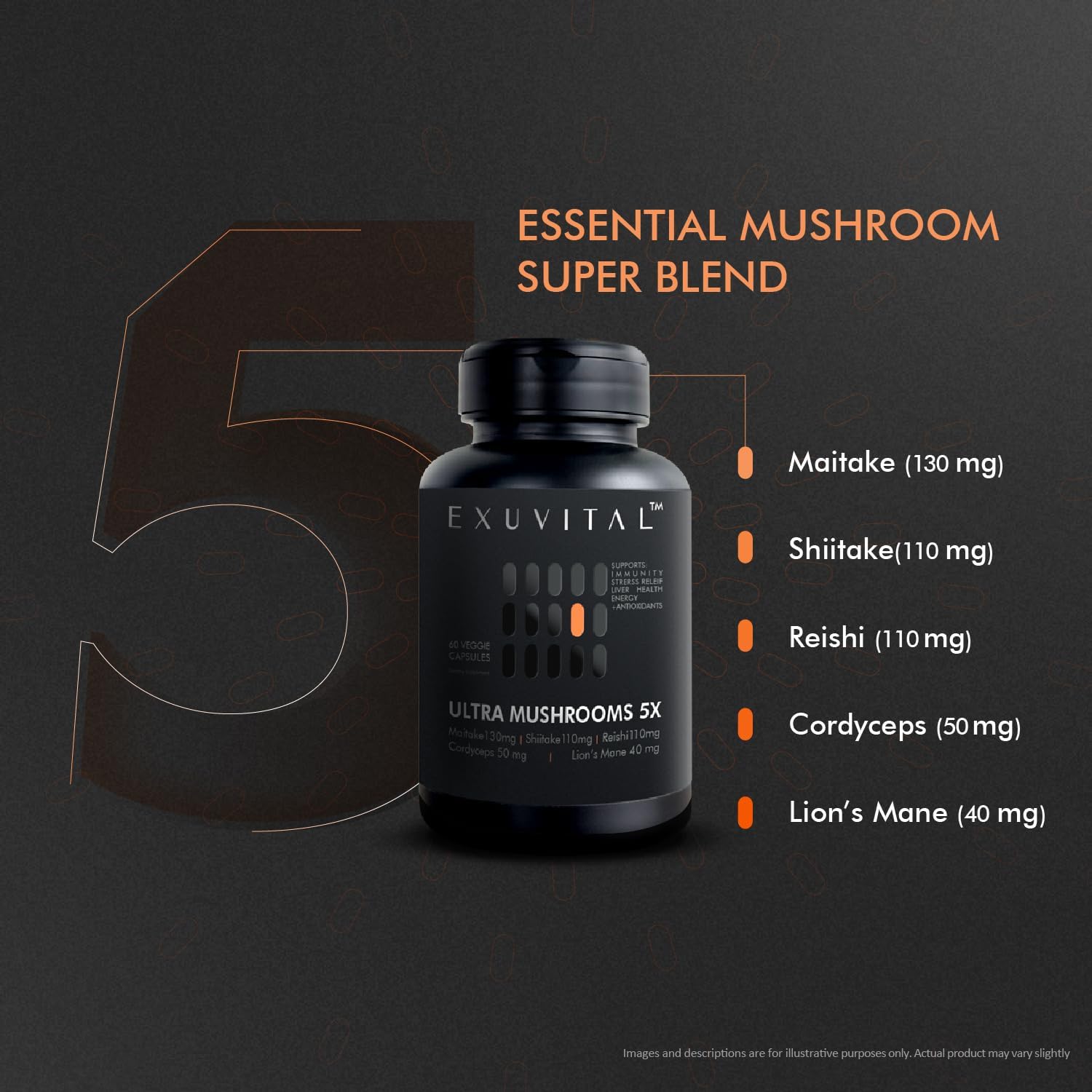 5 Mushroom Blend Supplement – with Reishi, Lions Mane, Maitake, Shiitake & Cordyceps – Natural Energy, Stress Relief & Immune Support – Nootropic Vegan Capsules – 60 Count - 2 Months Supply