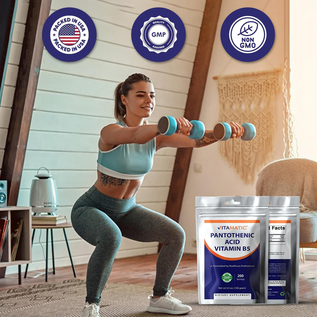 Vitamatic Pantothenic Acid Pure Powder 500 mg per Serving - 100 Grams - Also Called Vitamin B5-200 Servings