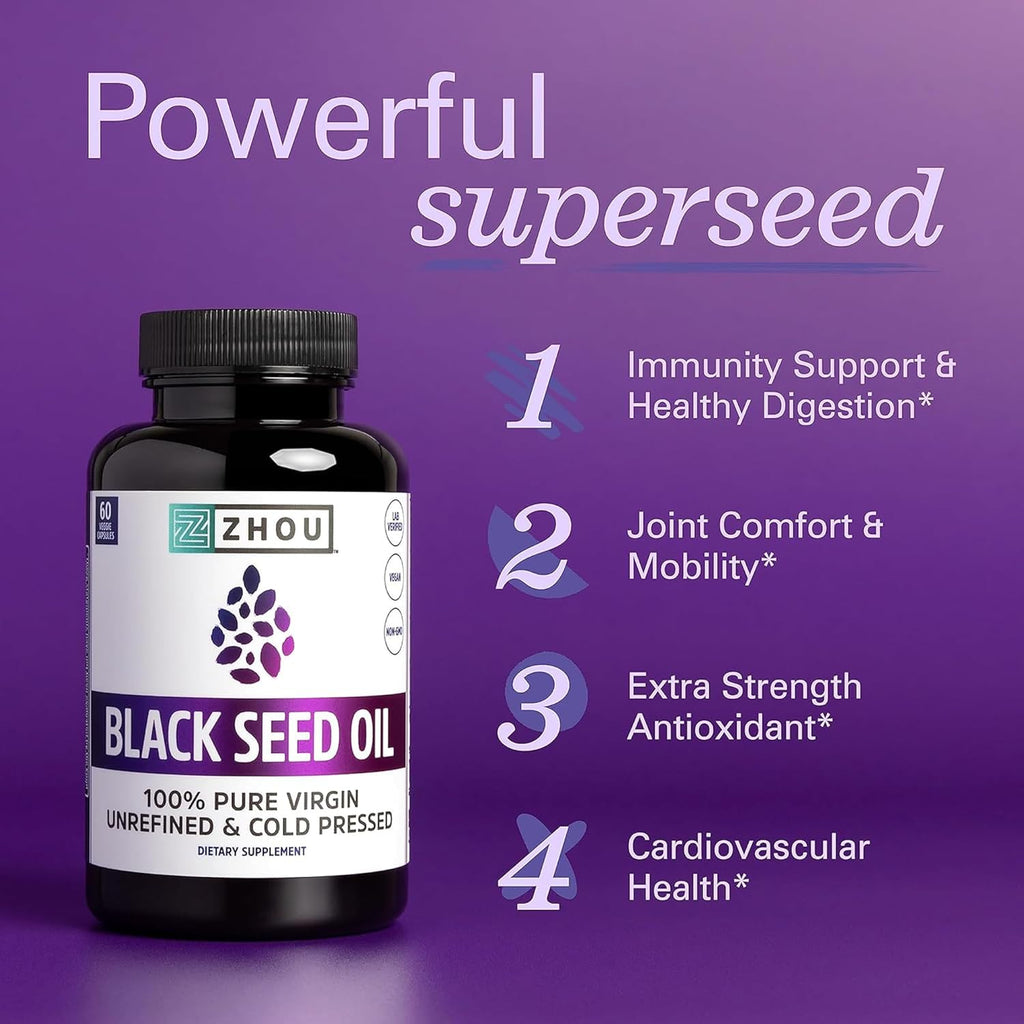 ZHOU Black Seed Oil & Capsules - Black Cumin Seed Oil Cold Pressed, Pure Unrefined Nigella Sativa, Premium Supplement for Health, Hair & Skin - 8 fl oz Bottle & 60 Capsules