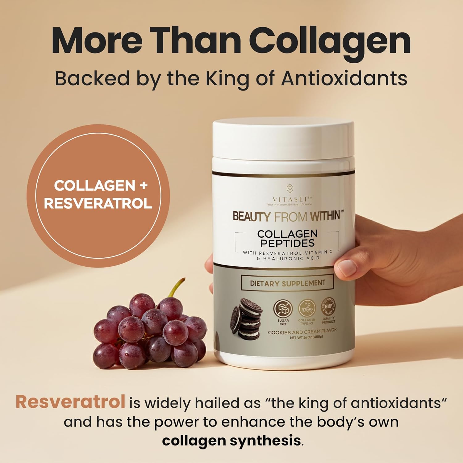VITASEI Hydrolyzed Collagen Peptides Powder with Resveratrol & Vitamin C – Hair, Skin & Joint Support – Colágeno Hidrolizado for Women & Men – Delicious Cookies & Cream Flavor, 16 oz (30 Servings)