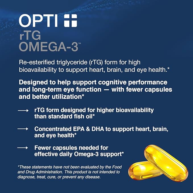 Opti + rTG Omega-3 Supplements | Heart, Immune, Brain and Eye Health Supplements for Adults | Daily Use Omega 3 DHA EPA Capsules | 120 Softgels/ 60 Servings