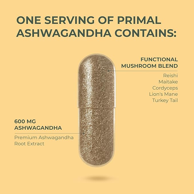 Primal Harvest Ashwagandha Supplement with 5 Mushroom Extracts: Lion’s Mane, Reishi, Cordyceps, Turkey Tail & Maitake for Immune Support & Cognitive Health