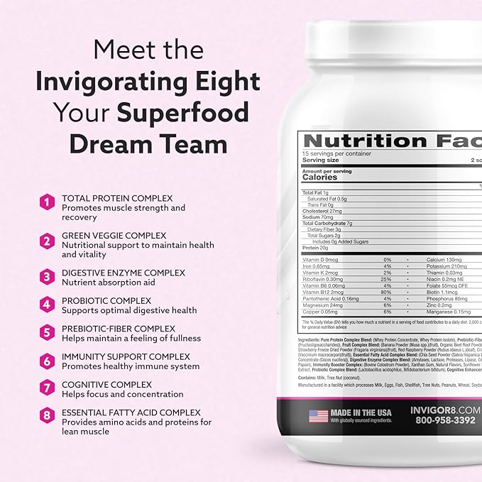 INVIGOR8 Superfood Grass Fed Whey Protein Isolate Shake Natural Strawberry Gluten-Free and Non GMO Meal Replacement with Probiotics and Omega 3 (645g)