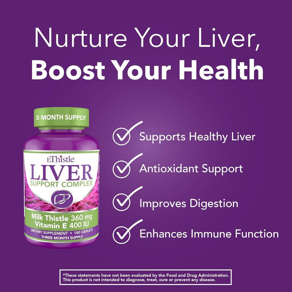 Liver Wellness Dietary Supplement, Milk Thistle & Vitamin E Liver Health Formula, Caplets 180 Count