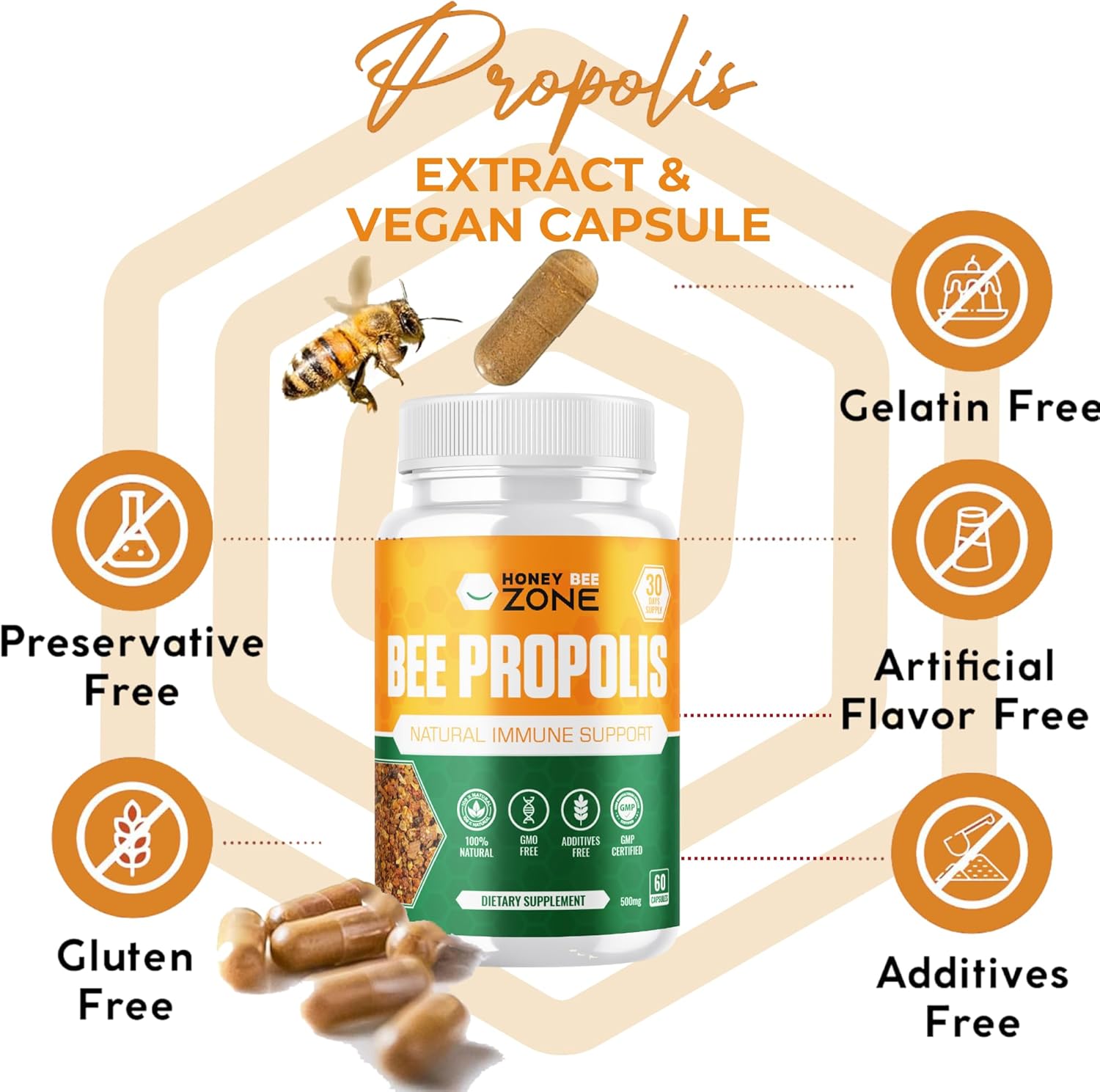 Bee Propolis Capsules – 100% Natural Energy and Immune Support Supplement | Non-GMO, Gluten-Free, 60 Easy-to-Swallow Veggie Capsules