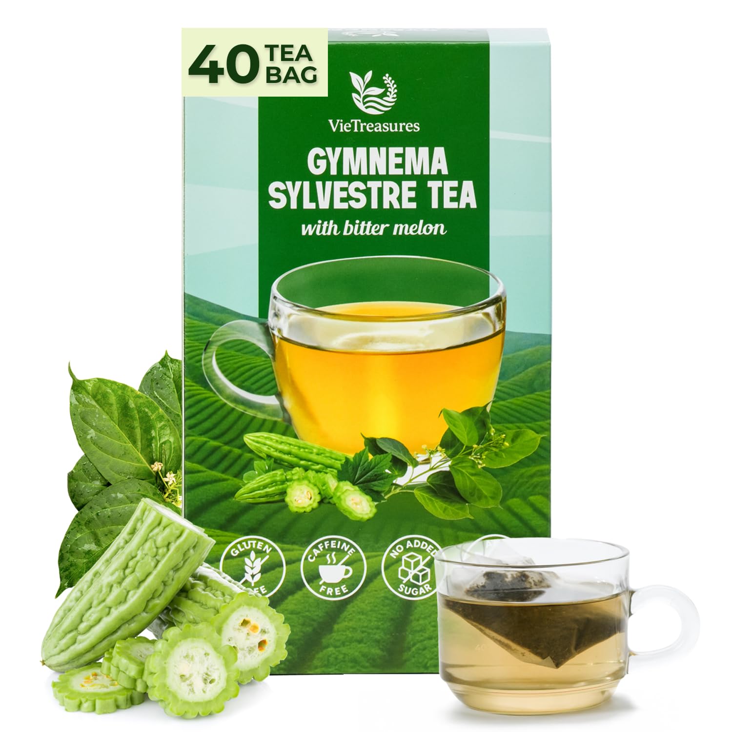 VieTreasures Gymnema Leaf Tea - 2.8oz (40 Tea Bags) | With Bittermelon, Stevia | Non GMO, Caffeine-Free, Antioxidant, Vegan, Keto-Friendly Organic Herbal Infusion Tea | Energy Boost & Health Support