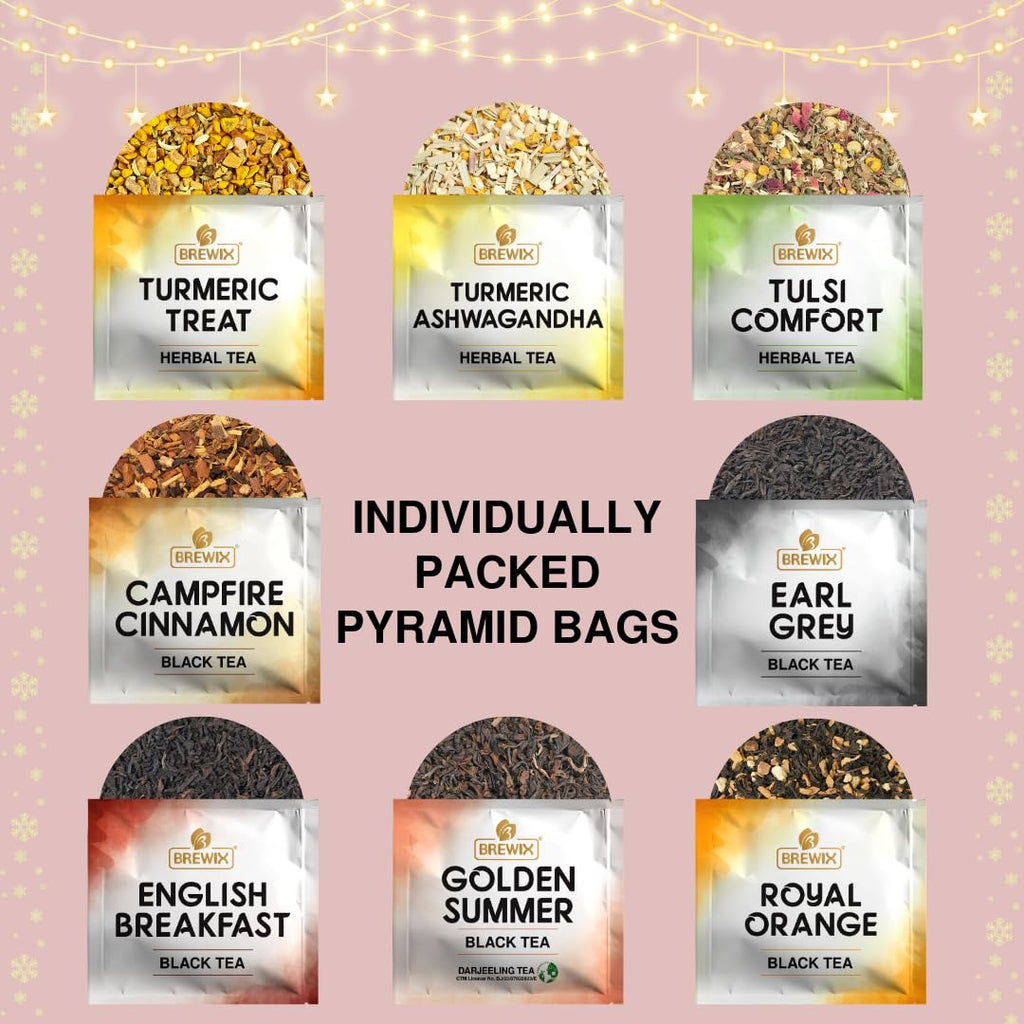 BREWIX, 2025 Advent Calendar Tea Bags | 24 Delightful Black & Green Tea Infusions in Pyramid Tea Bags - Holiday Gift Box | Christmas Gift Idea for Tea Lovers, Countdown Set | Holiday Variety Sampler for Tea Lovers