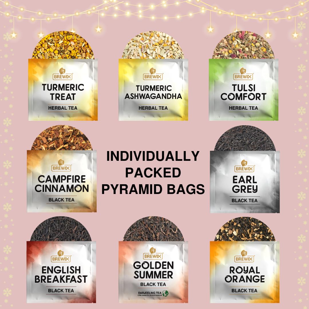 BREWIX, 2025 Advent Calendar Tea Bags | 24 Delightful Black & Green Tea Infusions in Pyramid Tea Bags - Holiday Gift Box | Christmas Gift Idea for Tea Lovers, Countdown Set | Holiday Variety Sampler for Tea Lovers