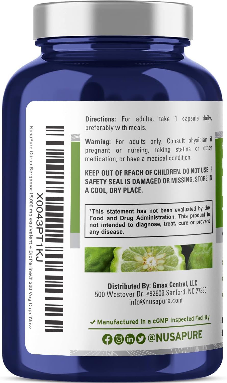 NusaPure Citrus Bergamot Capsules 15,000mg, 200 Capsules - 25:1 Bergamot Extract - 200 Servings, Bioperine, Vegan, Non-GMO