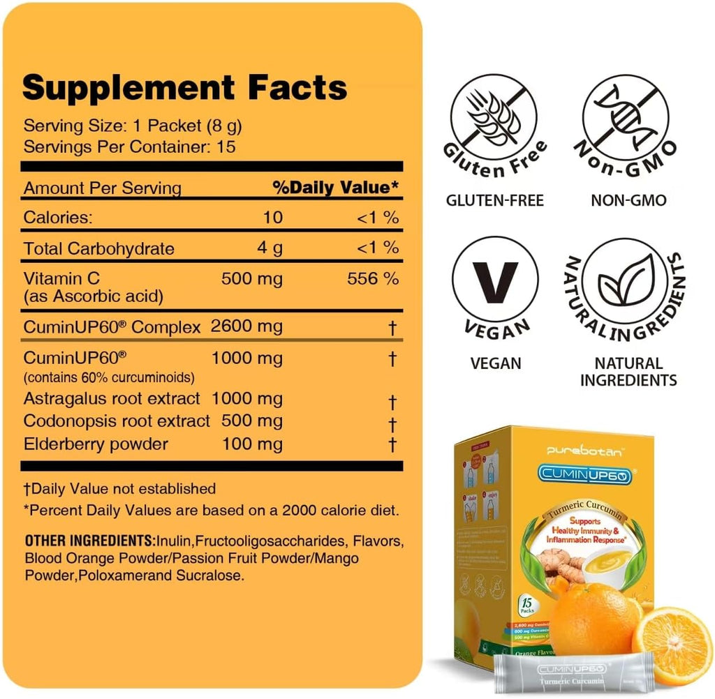 Turmeric Curcumin Drink Powder, Turmeric Immunity Shots with Vitamin C, Orange Flavor Instant Drink Mix Packets, High Absorption Curcumin Complex CuminUP60, Immune & Joint Support Supplement