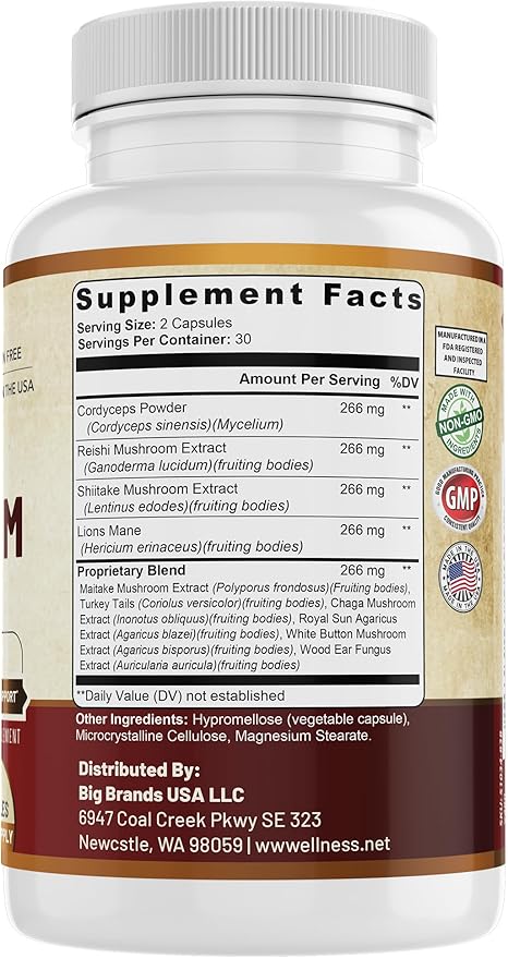 All Natural Mushroom Complex 10 in 1 | Daily Immune & Energy Support | Lions Mane, Chaga, Resihi | Gluten Free, Dairy Free, Soy Free | 60 Capsules | Made in The USA.