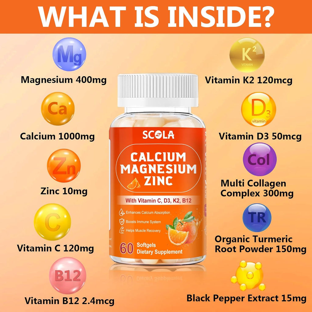 Calcium Magnesium Zinc Supplement with Vitamin C D3 B12 K2, 1000mg Calcium, 400mg Magnesium for Immune Energy Support, Bone Health and Muscle Function Softgels, 120 Count