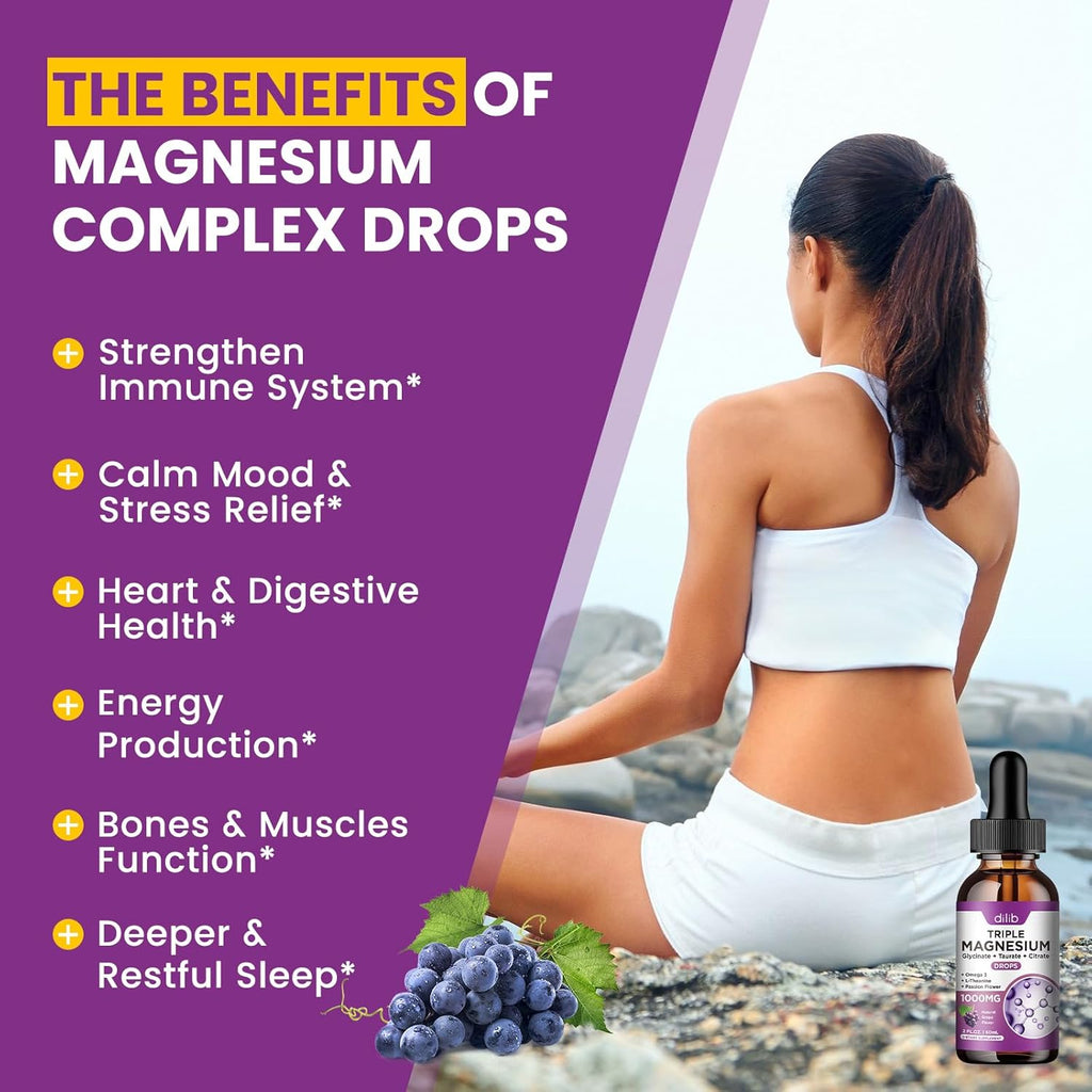 Liquid Magnesium Glycinate Supplement 1000mg, Calm Magnesium Citrate, Taurate Drops with Omega 3, Zinc, Ashwagandha, L-Theanine, Chamomile for Sleep, Mood, Stress Relief, Bone, Muscle, Grape Flavor