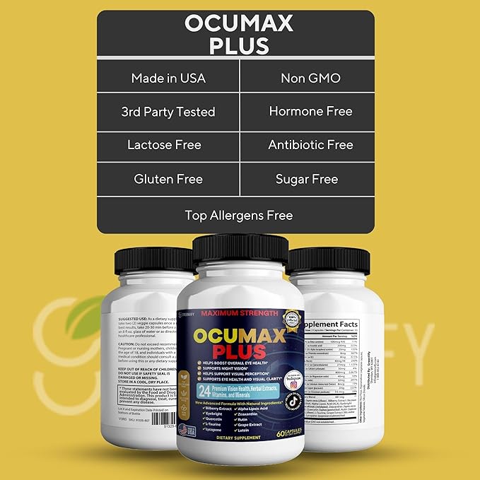 Ocumax Plus Vision Support Supplement, 60 Capsules, with 24 Premium Herbal Extracts and Vitamins, Maximum Strength Eye Health Formula (5)