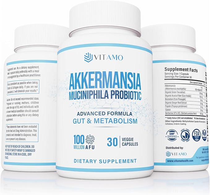Akkermansia Probiotic & Berberine GLP-1 Support Supplement – 100 Million AFU Probiotic for Gut Health & Metabolic Balance with Green Tea, Acacia Fiber & Enzymes – 30 Capsules