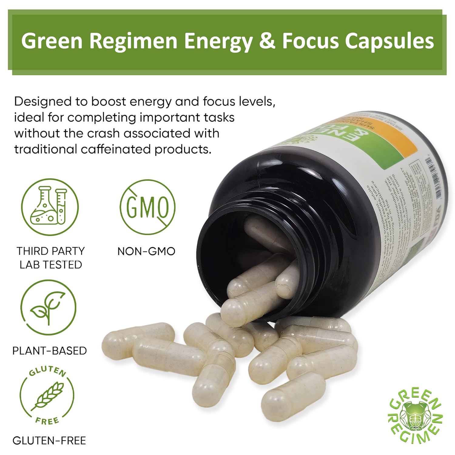 Energy & Focus Capsules - Natural Nootropic Supplement for Sustained Mental Clarity, Enhanced Concentration & Alertness - No Crash, Vegan, Non-GMO - 60 Caps