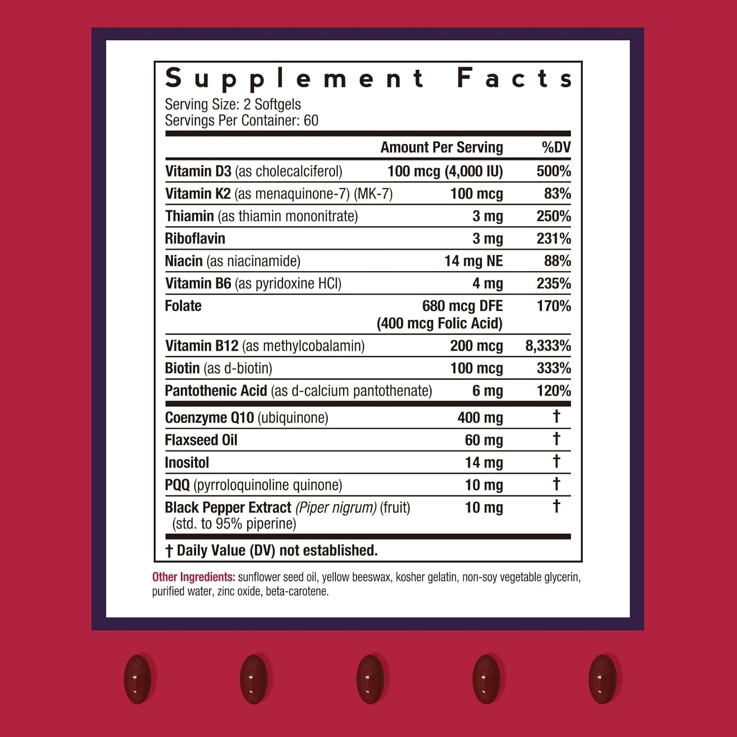 Doctor's Recipes Coq10 400mg Softgels, Ubiquinone with PQQ, Niacin, Vitamin K2 D3, Folate, Plus Black Pepper, High Absorption, Powerful-Antioxidant, Support Heart & Energy-Production, 120 Counts