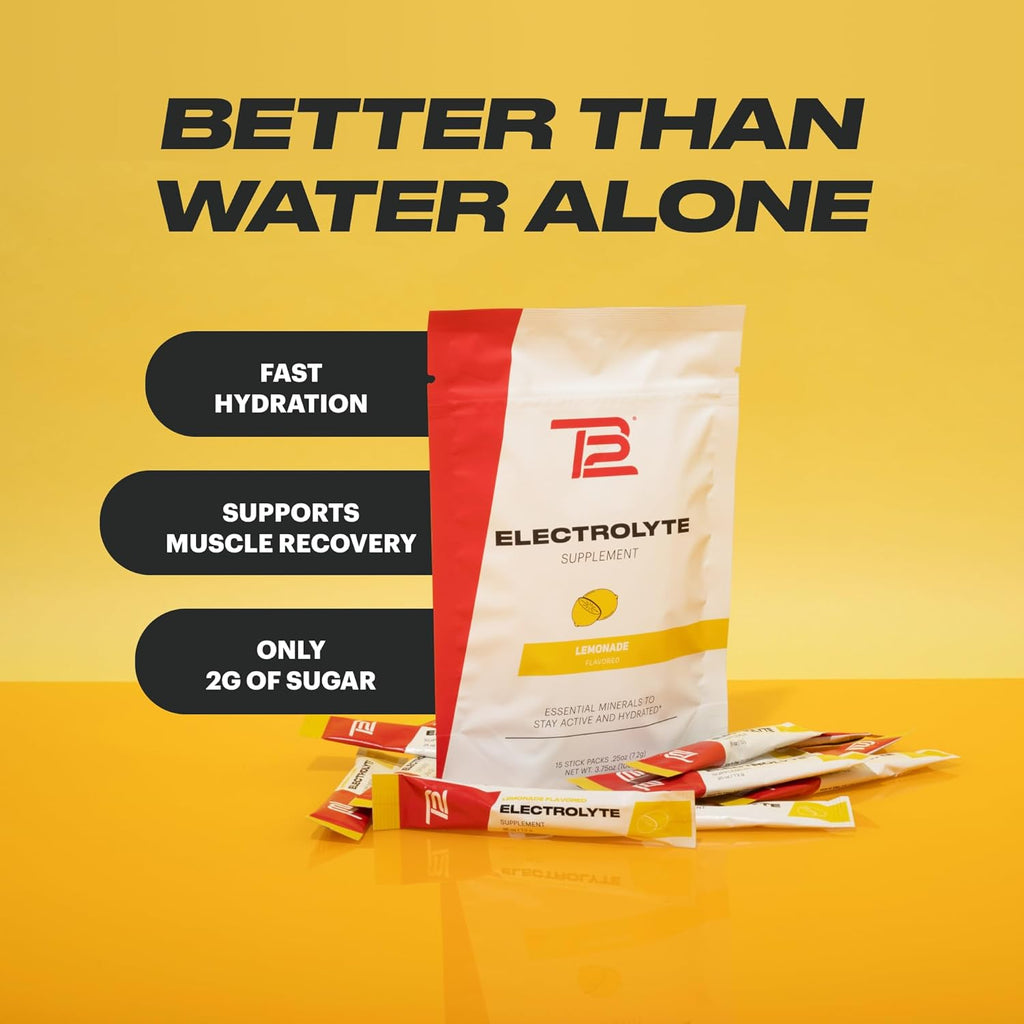 TB12 Electrolytes Powder Packets Lemonade – Mineral-Rich Electrolyte Powder for Fast Hydration by Tom Brady - Natural, Low Sugar, Vegan, Gluten-Free, Easy to Mix - 15 Stickpacks