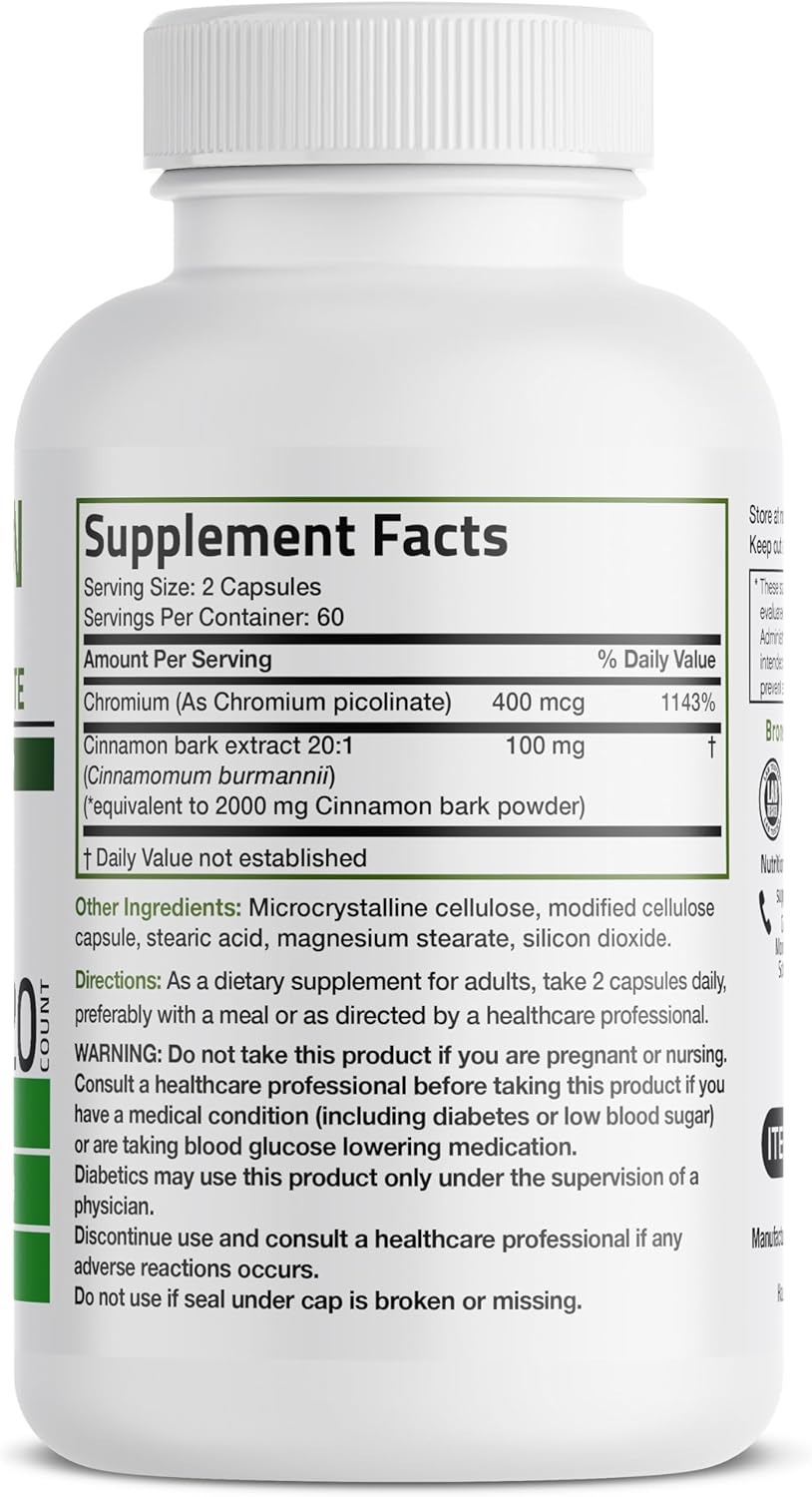 Bronson Cinnamon Plus Chromium Picolinate Supplement, High Potency Chromium, Non-GMO, 120 Vegetarian Capsules