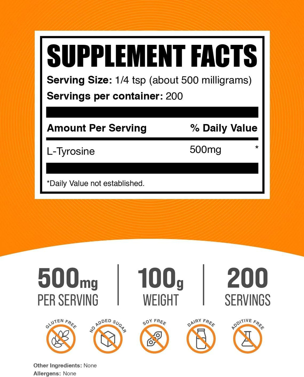 BulkSupplements.com L-Tyrosine Powder - Sports Nutrition, Amino Acid Supplement - Unflavored & Gluten Free, 500mg per Serving, 100g (3.5 oz) (Pack of 1)