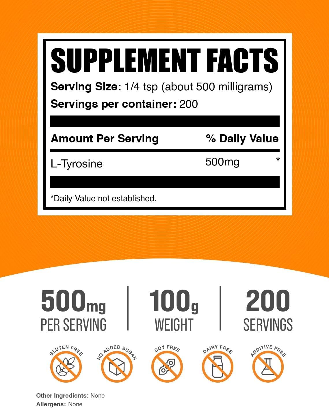 BulkSupplements.com L-Tyrosine Powder - Sports Nutrition, Amino Acid Supplement - Unflavored & Gluten Free, 500mg per Serving, 100g (3.5 oz) (Pack of 1)